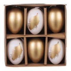 Vajíčko plastové, se zlatým pírkem, 6cm. Cena za krabičku (6ks). VEL7007