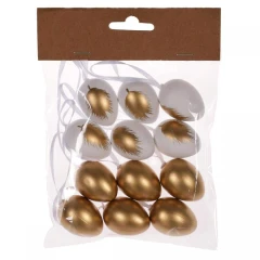 Vajíčko plastové, se zlatým pírkem, 4cm. Cena za sáček (12ks). VEL7008